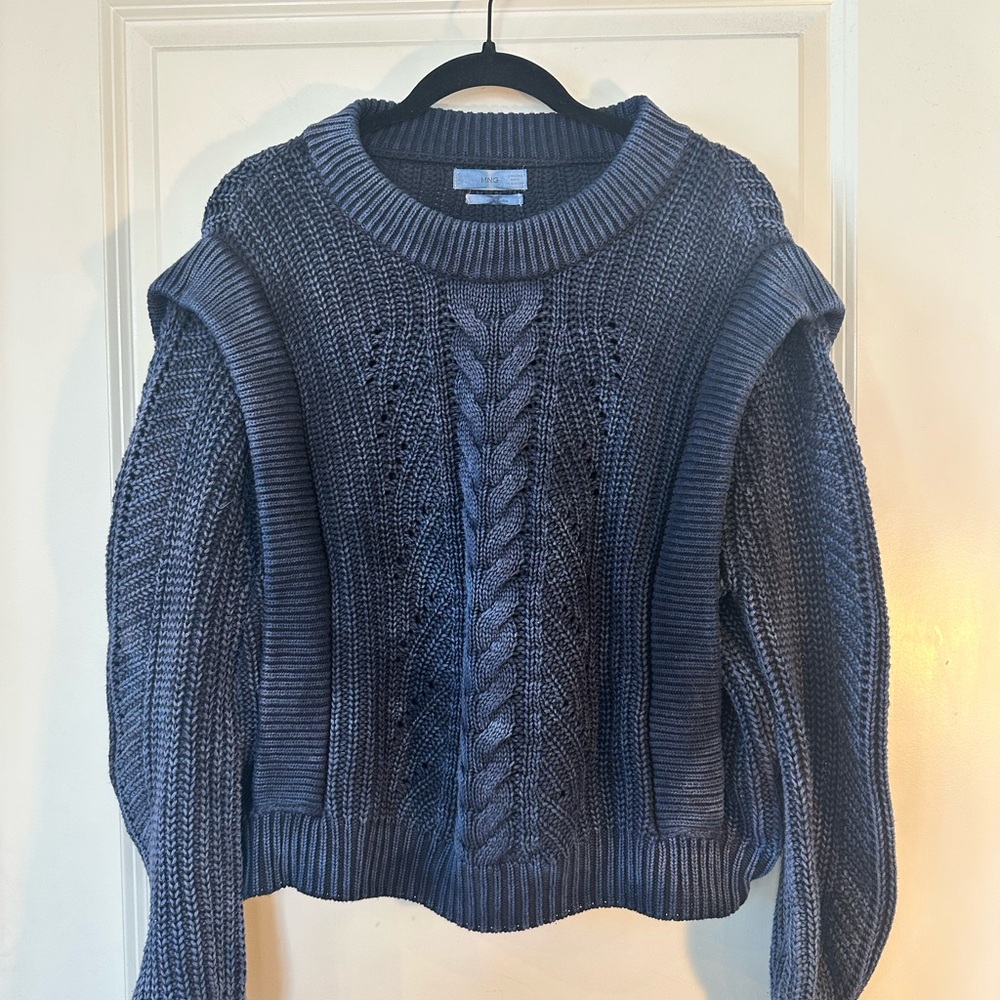 Mango Blue Chunky Cable-knit Cotton Crew Neck Boxy Crop Sweater, Large